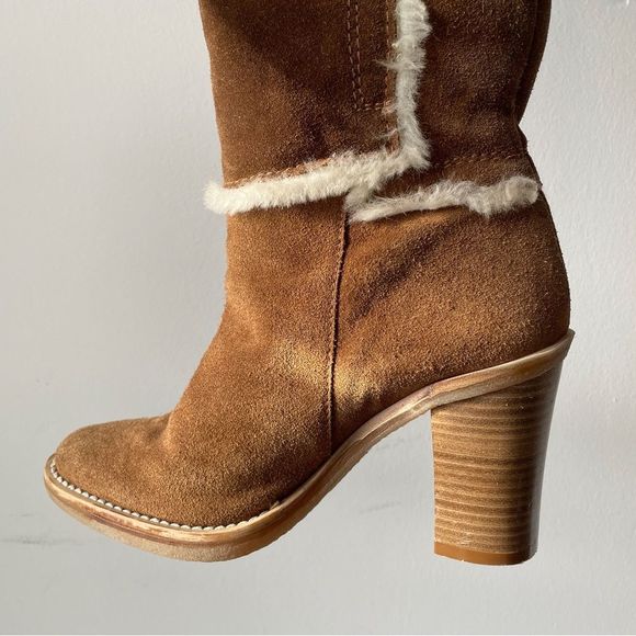 *SOLD* Vintage Y2K Browns tan and cream suede & shearling heeled boots 37 - Picture 6 of 15